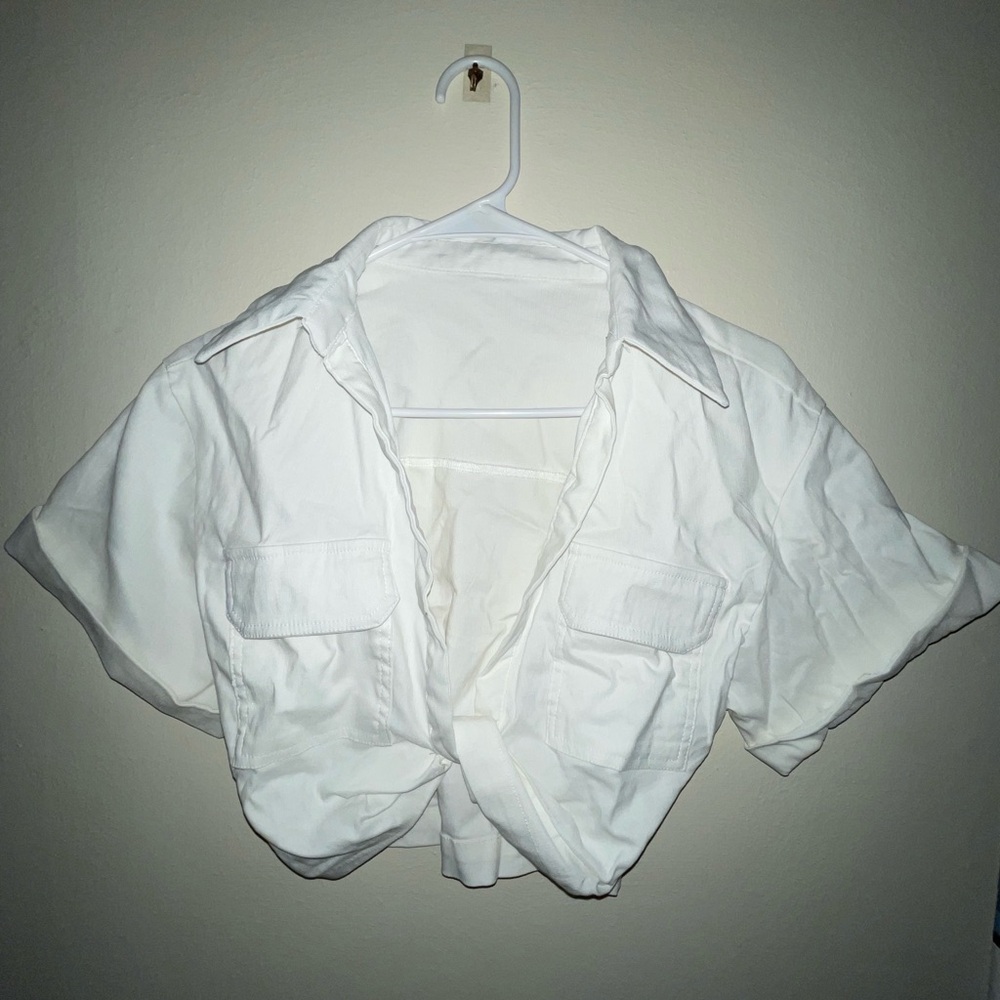 New White Cropped Button-Up Shirt
